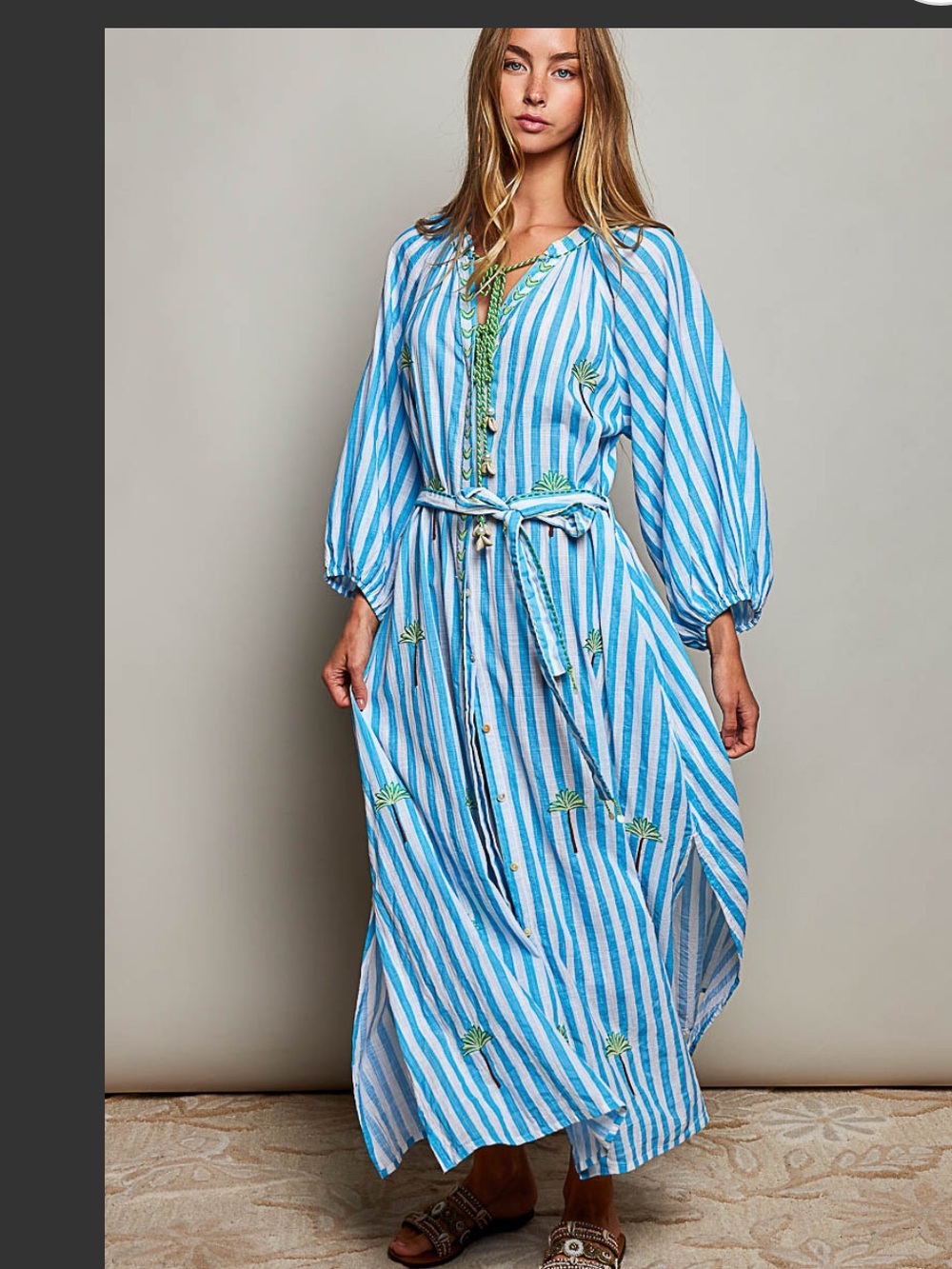 POL Striped Blue & White Embroidered Maxi Dress